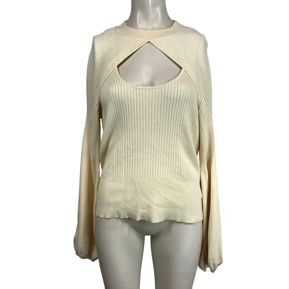 MAEVE - WOMEN'S XL - CREAM RIBBED LONG SLEEVE PEEK A BOO FRONT SWEATER TOP - Picture 1 of 8